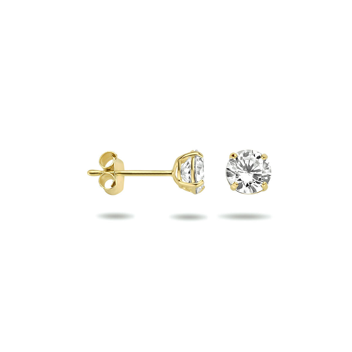 Een paar Van der Kooij Collectie oorknoppen zirkonia 14K geelgoud met ronde, heldere zirkonia hartjes, afgebeeld vanaf de voor- en zijkant op een witte achtergrond.