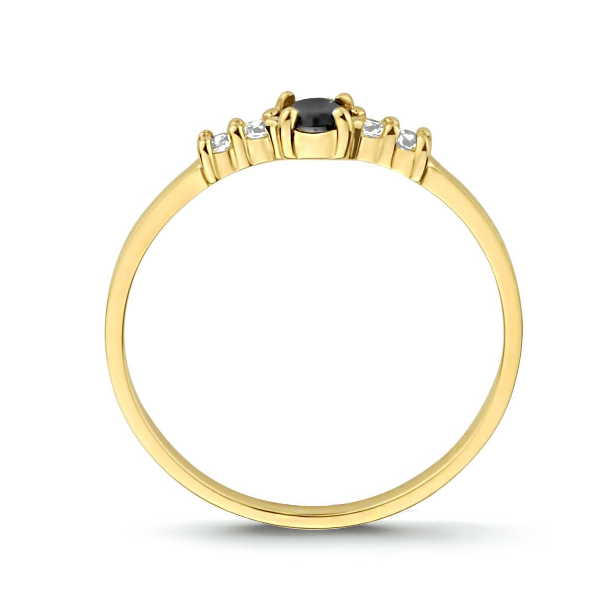 Een 14K geelgouden ring van de Van der Kooij Collectie, met een ronde zwarte steen in het midden en drie witte zirkonia’s aan elke kant, afgebeeld frontaal tegen een witte achtergrond.
