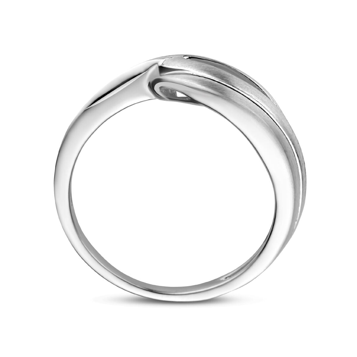 Een strakke, minimalistische 925 zilveren ring uit de Van der Kooij Collectie met een poli/mat gerhodineerd zilver ontwerp en een moderne, gedraaide band.