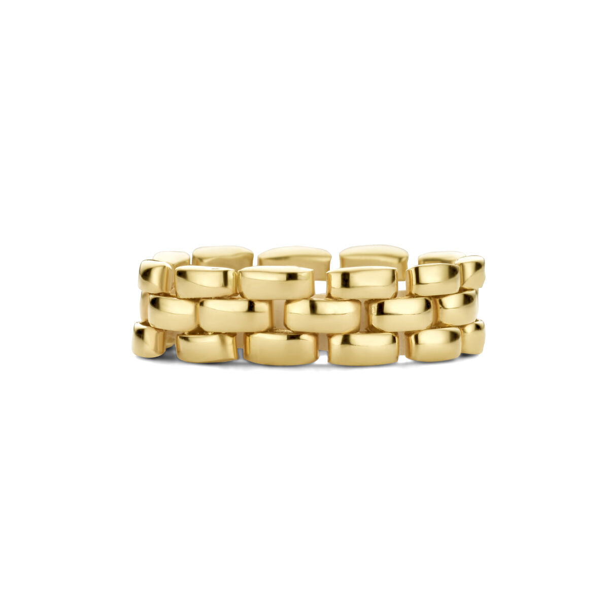 De ring flexibele schakel 14K geelgoud uit de Van der Kooij Collectie is een damesring met brede, verweven schakels en wordt stijlvol gepresenteerd tegen een witte achtergrond.