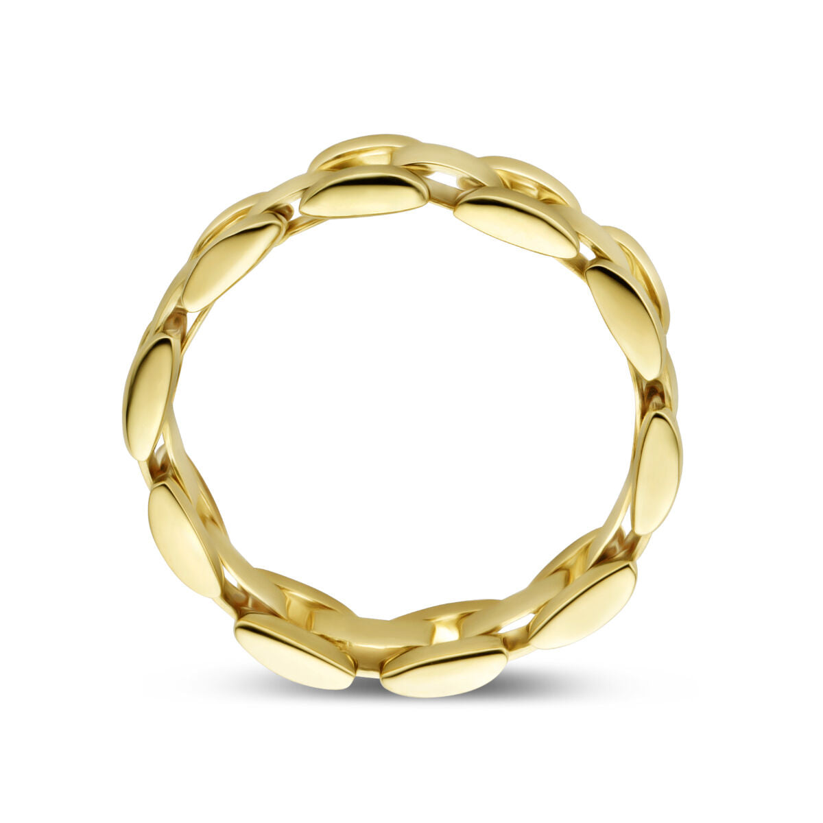 Een 14K geelgouden ring flexibele schakel van Van der Kooij Collectie, met gladde, ovale schakels die in elkaar grijpen tot een doorlopende band, afgebeeld tegen een witte achtergrond.