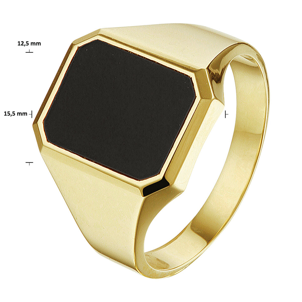 De zegelring massief onyx 14K geelgoud van Van der Kooij Collectie heeft een gepolijste afwerking, een zeshoekig zwart onyx vlak (12,5 x 15,5 mm) en een modern hoekig silhouet.