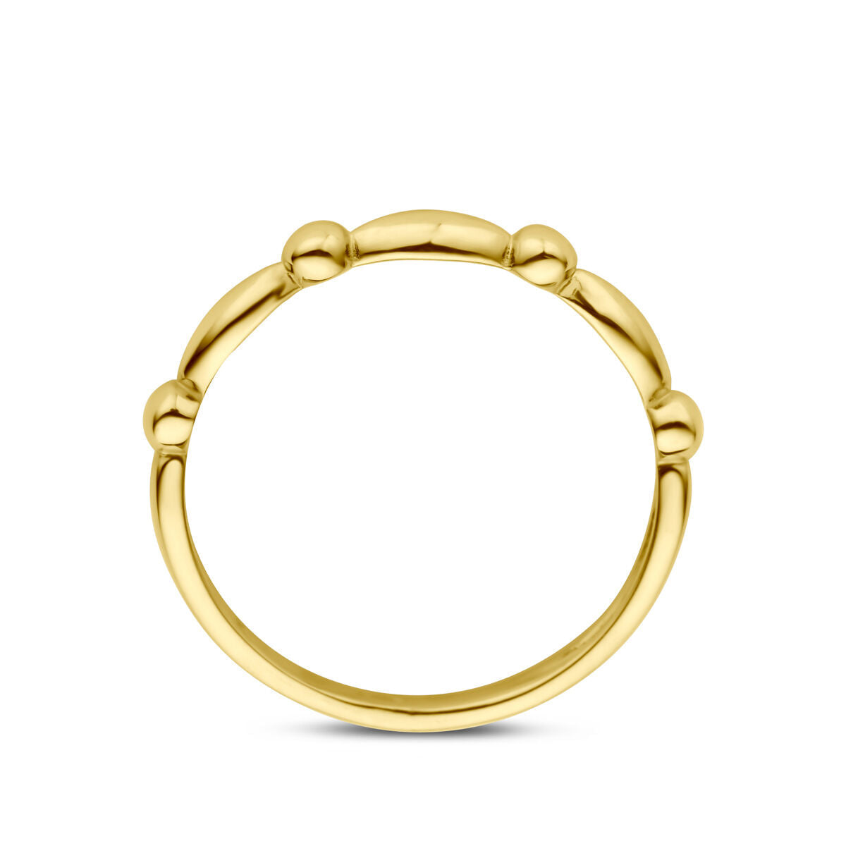 Een delicate ring 14K geelgoud van Van der Kooij Collectie, met een gladde band met kleine, ronde kraalachtige accenten op de bovenste helft, tegen een effen witte achtergrond.