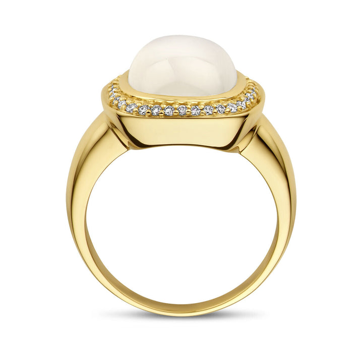 Ring weißer Mondstein und Diamant 0,20 ct h Si Halo 14K Gelbgold
