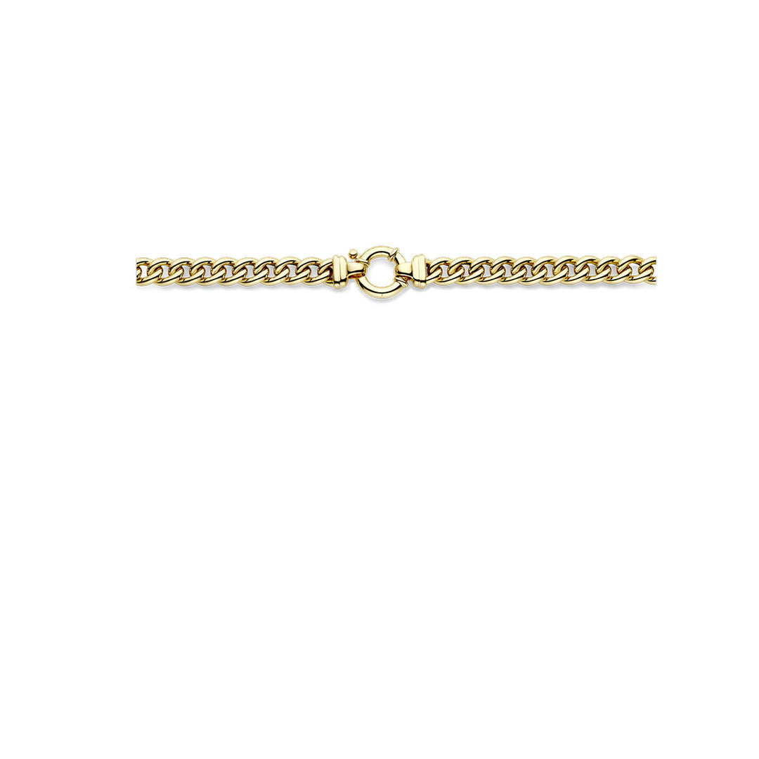 Een luxe sieraad: het Van der Kooij Collectie collier gourmette 7,7 mm, 45 cm met groot springslot van 14K geelgoud is horizontaal gepresenteerd op een witte achtergrond.