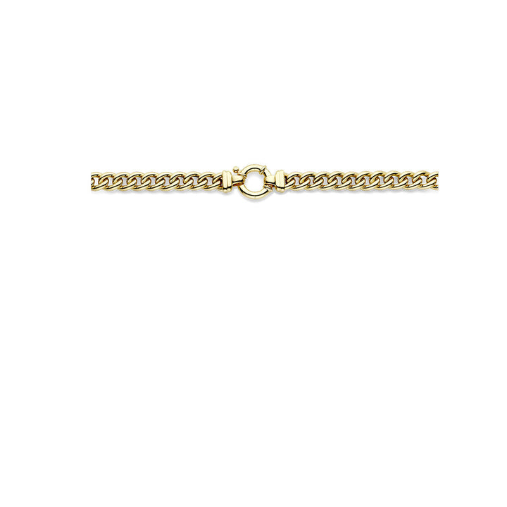 Een luxe sieraad: het Van der Kooij Collectie collier gourmette 7,7 mm, 45 cm met groot springslot van 14K geelgoud is horizontaal gepresenteerd op een witte achtergrond.