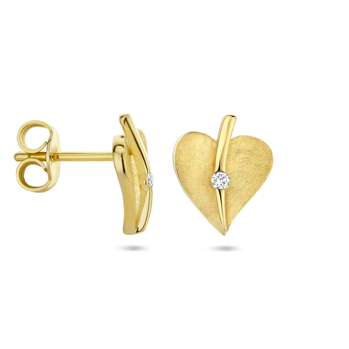 Ohrstecker, Herz, gekratzter Diamant, 0,04 ct (2 x 0,02 ct), H SI, 14 K Gelbgold