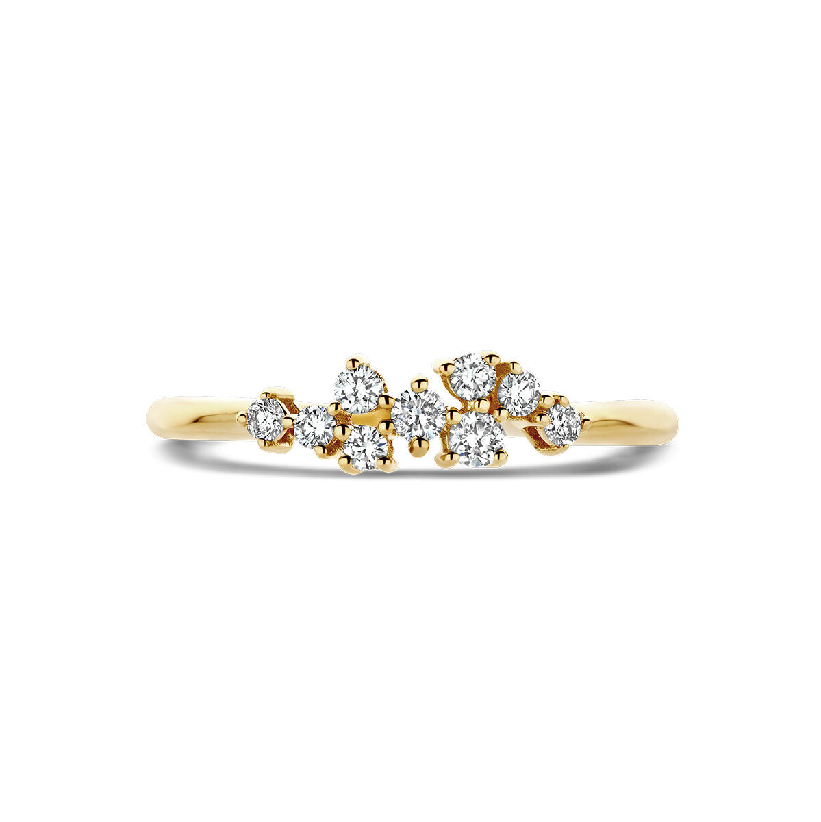 De Van der Kooij Collectie ring diamant 0.21ct h si in 14K geelgoud heeft een cluster van sprankelende diamanten in een asymmetrisch ontwerp-een elegant statement voor elke gelegenheid.