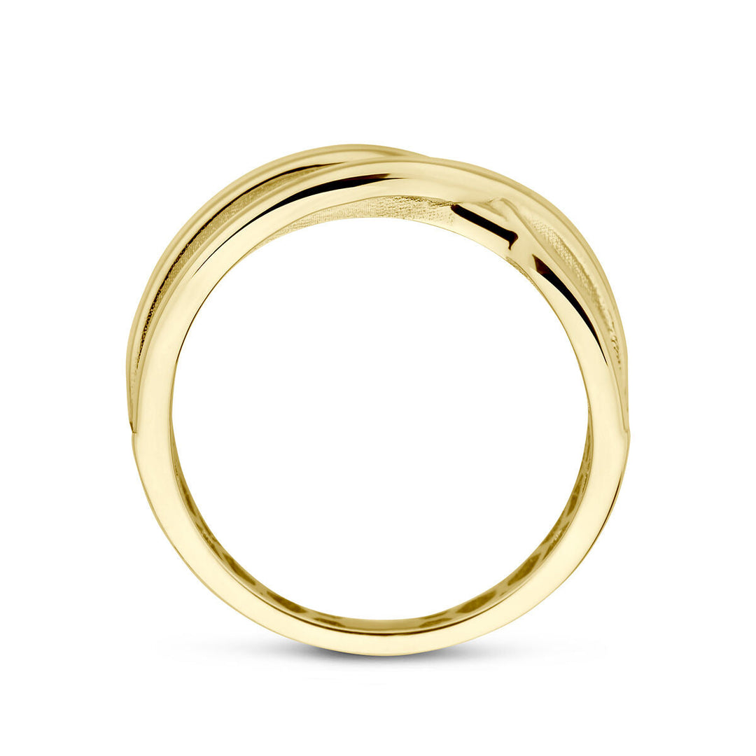 De Van der Kooij Collectie ring 14K geelgoud heeft een gladde, gepolijste afwerking met een subtiel gedraaid ontwerp aan de bovenkant en is 6 mm breed, tegen een effen witte achtergrond.