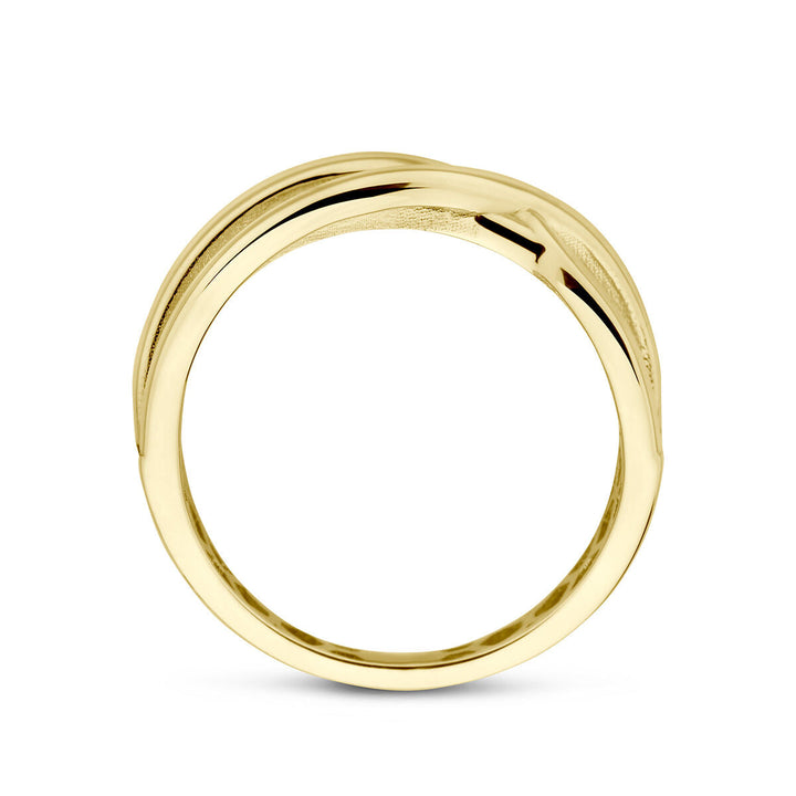 De Van der Kooij Collectie ring 14K geelgoud heeft een gladde, gepolijste afwerking met een subtiel gedraaid ontwerp aan de bovenkant en is 6 mm breed, tegen een effen witte achtergrond.