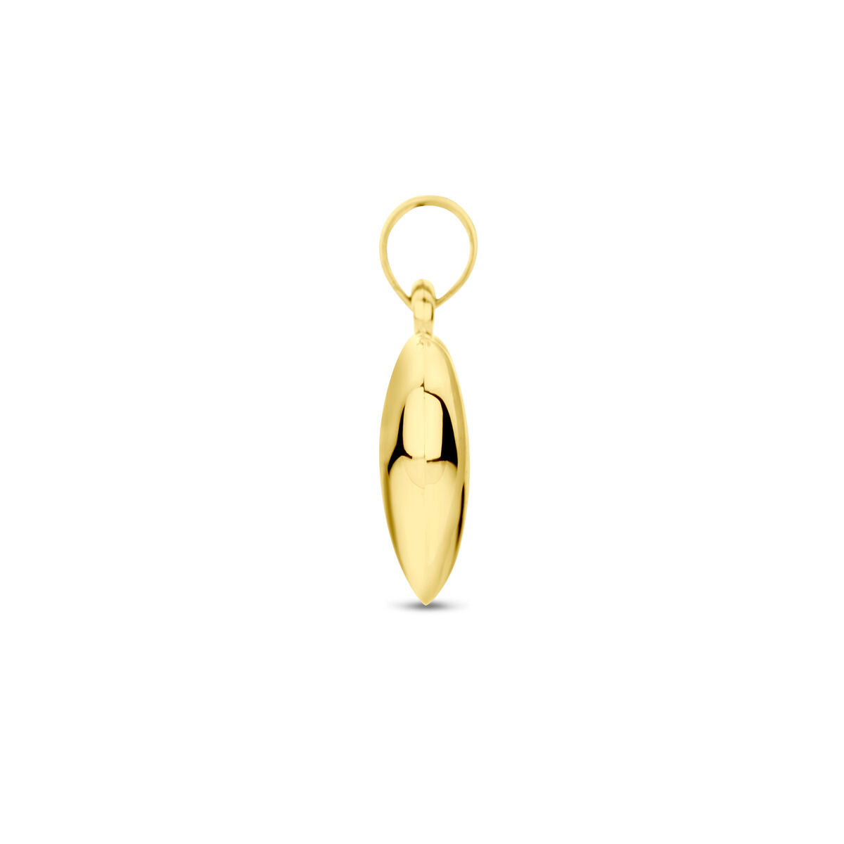 De hanger hart 14K geelgoud van Van der Kooij Collectie is een glanzende, langwerpige geelgouden hanger met een gladde, reflecterende afwerking en een ronde lus aan de bovenkant, afgebeeld tegen een effen witte achtergrond.