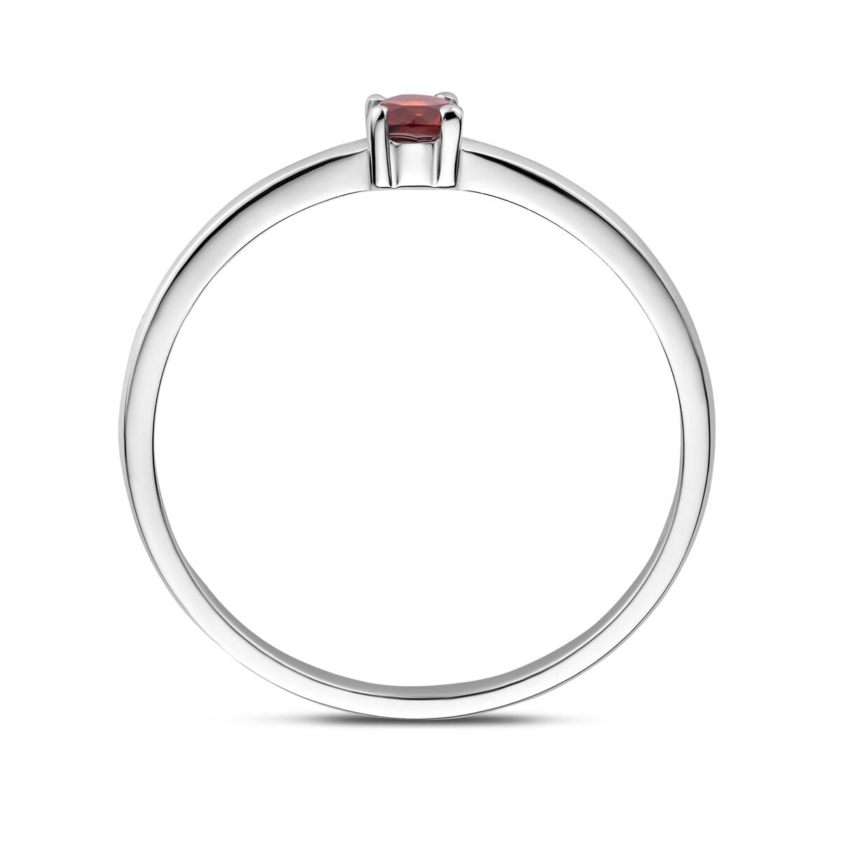 Een tijdloze Van der Kooij Collectie ring met geboortesteen granaat (januari), zilver gerhodineerd, met een klein ronde granaat in vierpoots zetting-een elegant dames sieraad.