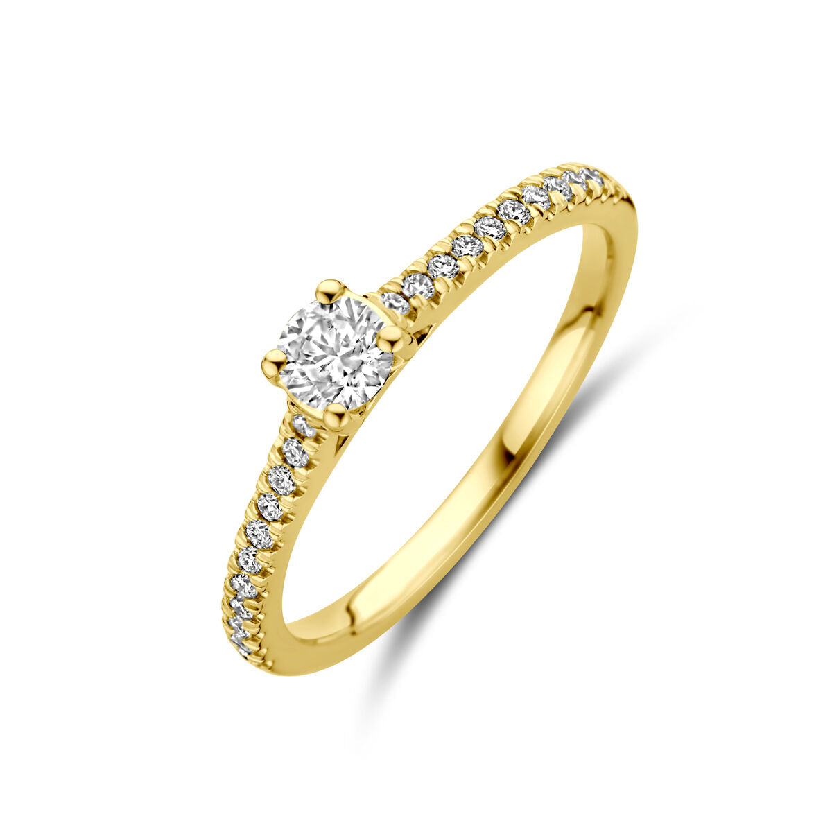 Ring aus 14K Gelbgold mit einem lab-grown Diamanten von 0,39 ct und kleinen Diamanten am Band