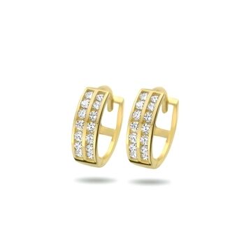 Klapp-Ohrringe aus 9 Karat Gelbgold mit Zirkonia, 11,5 mm groß, zwei Reihen von funkelnden Steinen