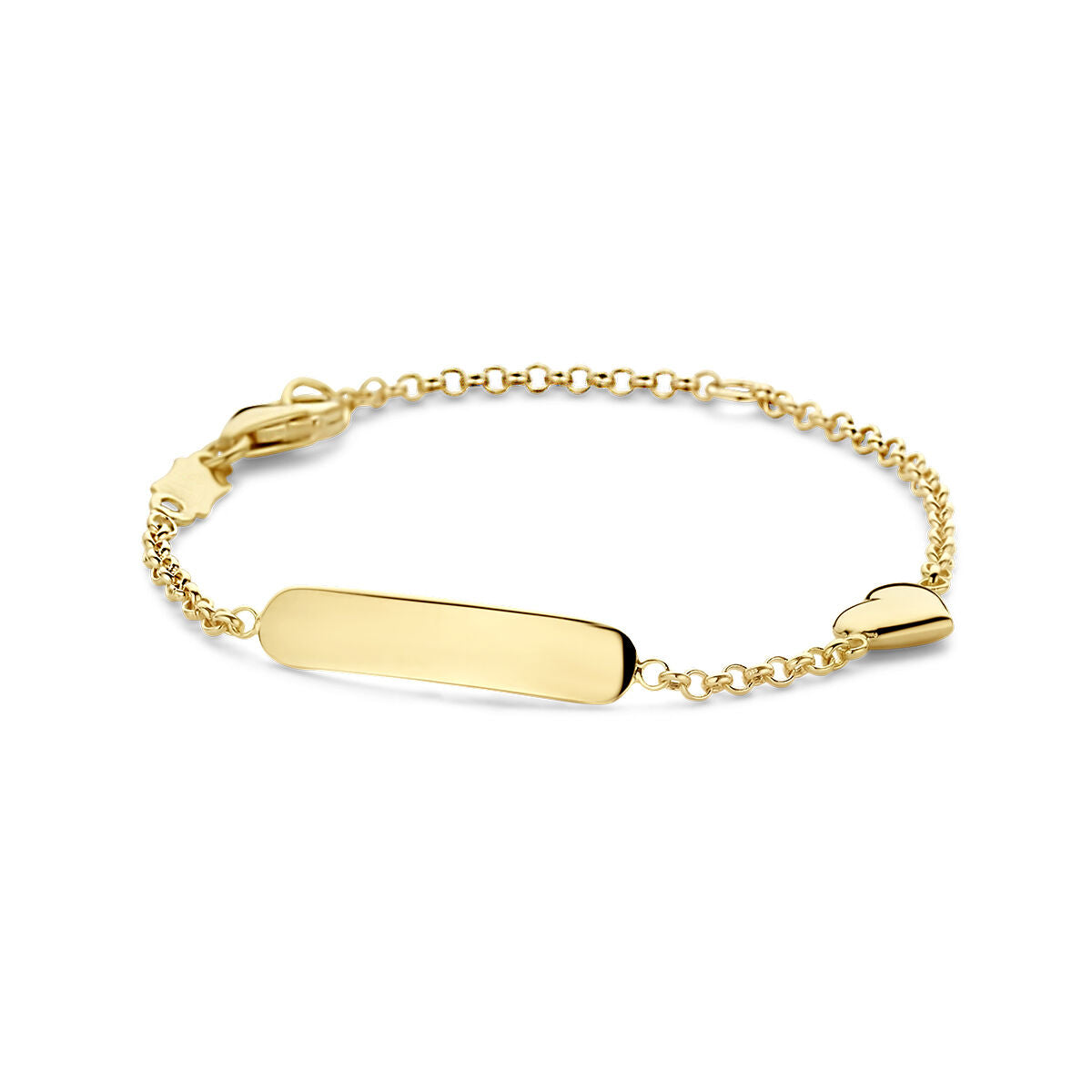 Armband aus 14K Gold mit Herz und flacher Plakette, feine Gliederkette, 3,5 mm breit