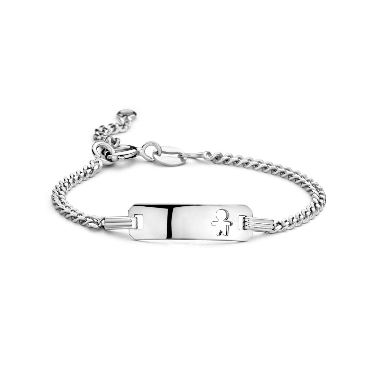 Gravierte Gourmette-Armband für Jungen aus rhodiniertem Silber mit flacher Platte und Kettenarmband
