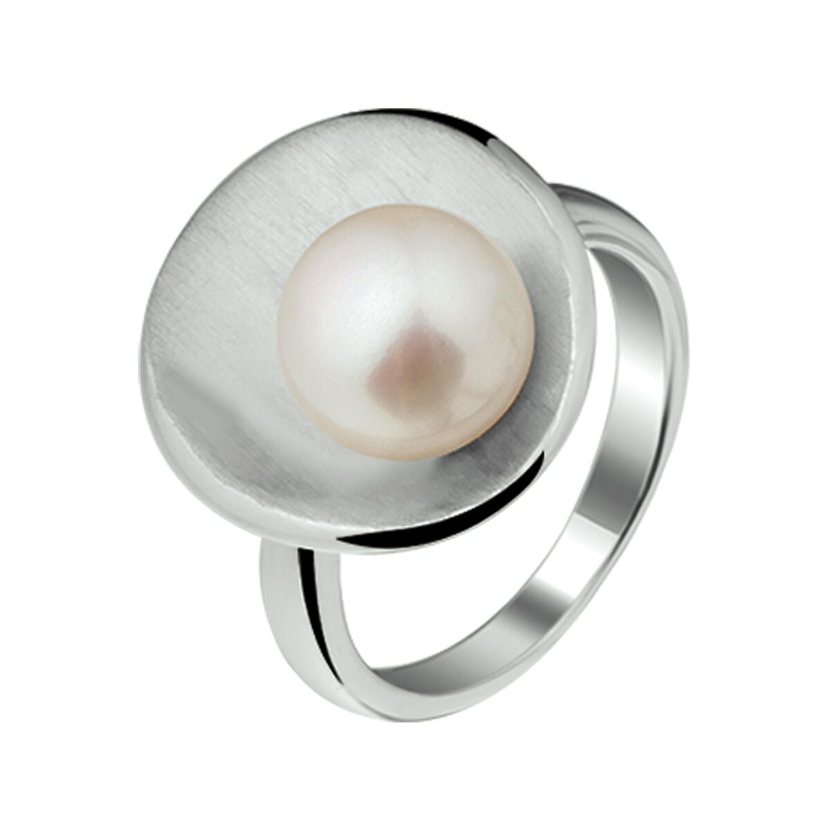 Ring aus rhodiniertem Silber mit einer matten Oberfläche und einer zentralen Perle