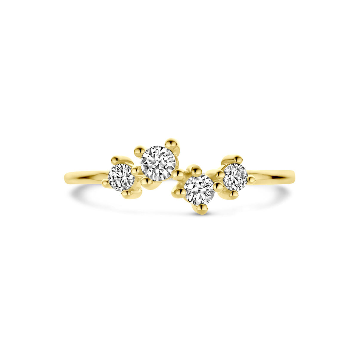 De Van der Kooij Collectie ring zirkonia 14K geelgoud is een damesring met fonkelende zirkonia stenen gezet in een elegant, asymmetrisch clusterontwerp.