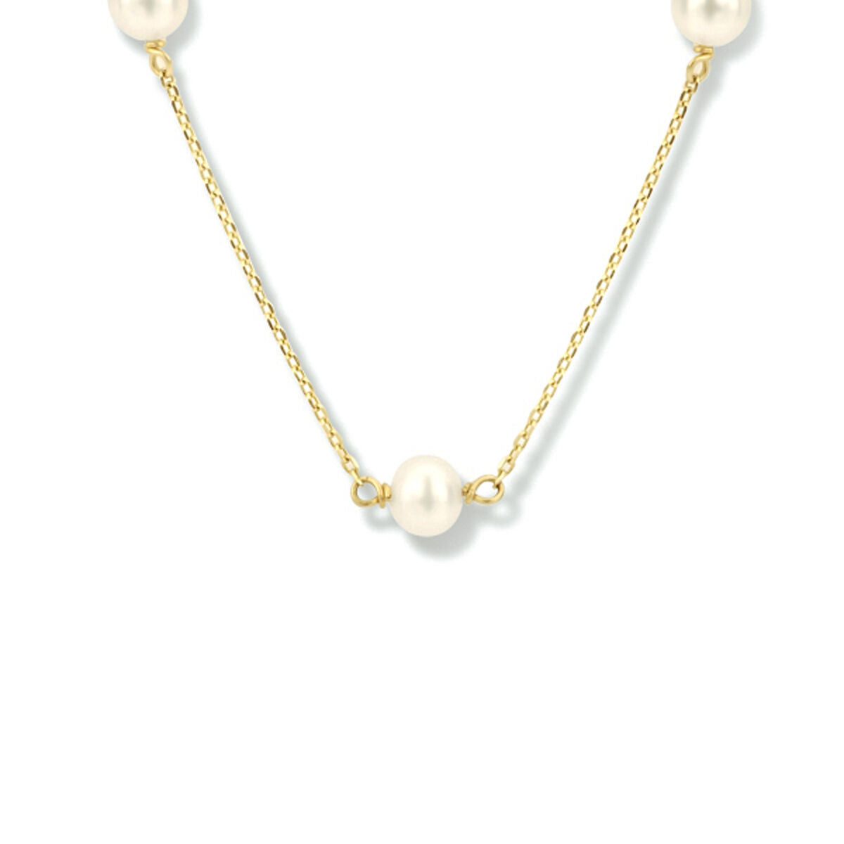 Collier aus 14K Gelbgold mit weißen Perlen, Länge 40-42-44 cm, feine Gliederkette