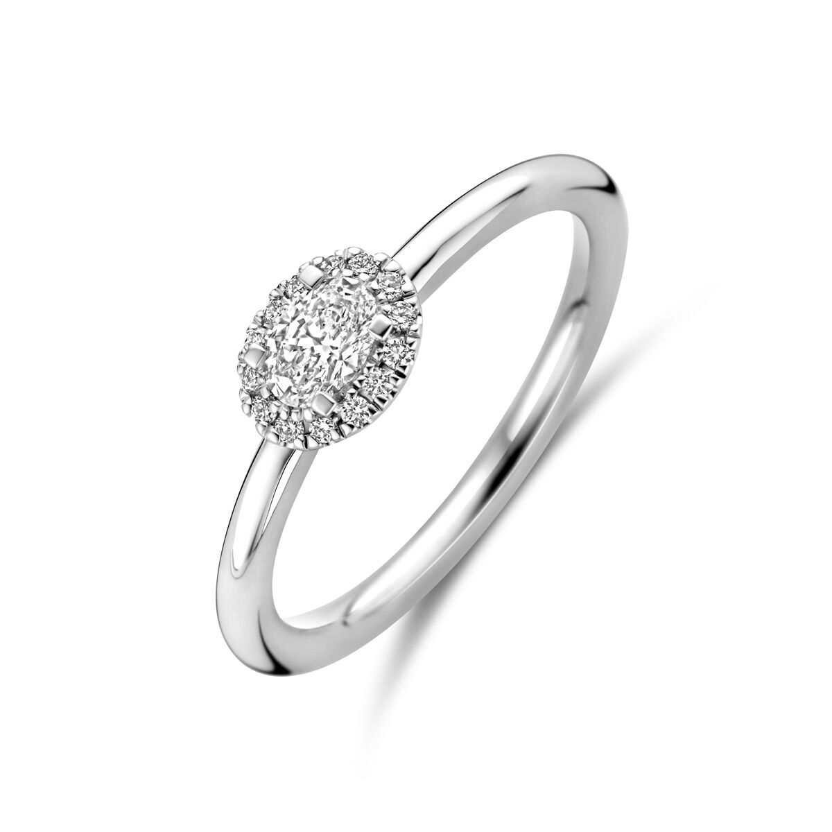Ring aus 14K Weißgold mit einem runden Diamanten von 0,24 ct, besetzt mit kleinen Brillanten