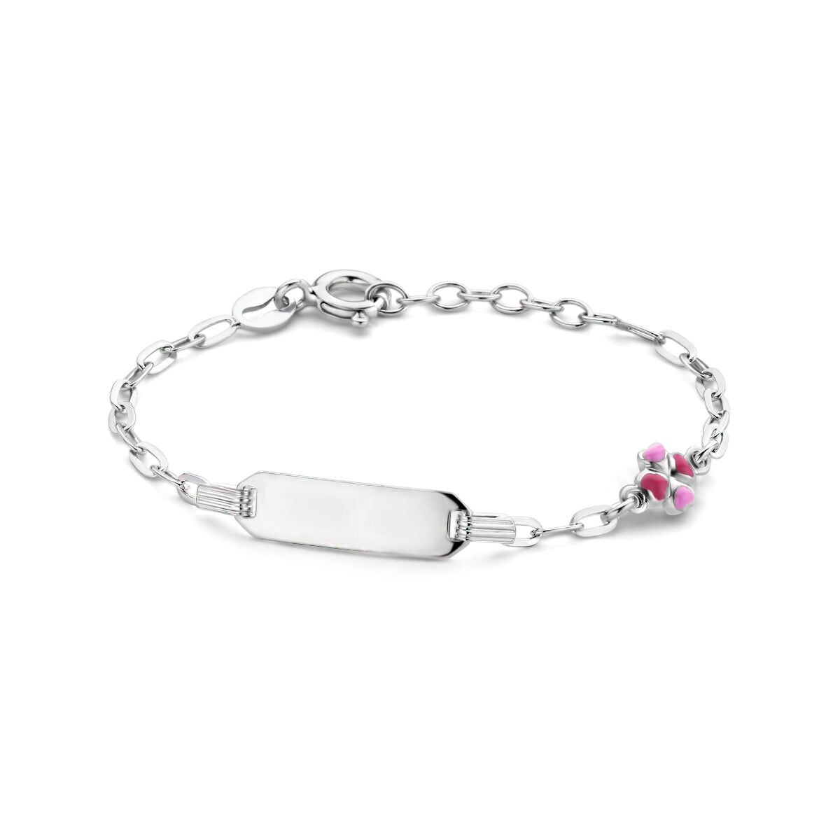 Gravierte Armband mit 5,0 mm breiter Platte, rhodiniertes Silber und pinkem Anhänger