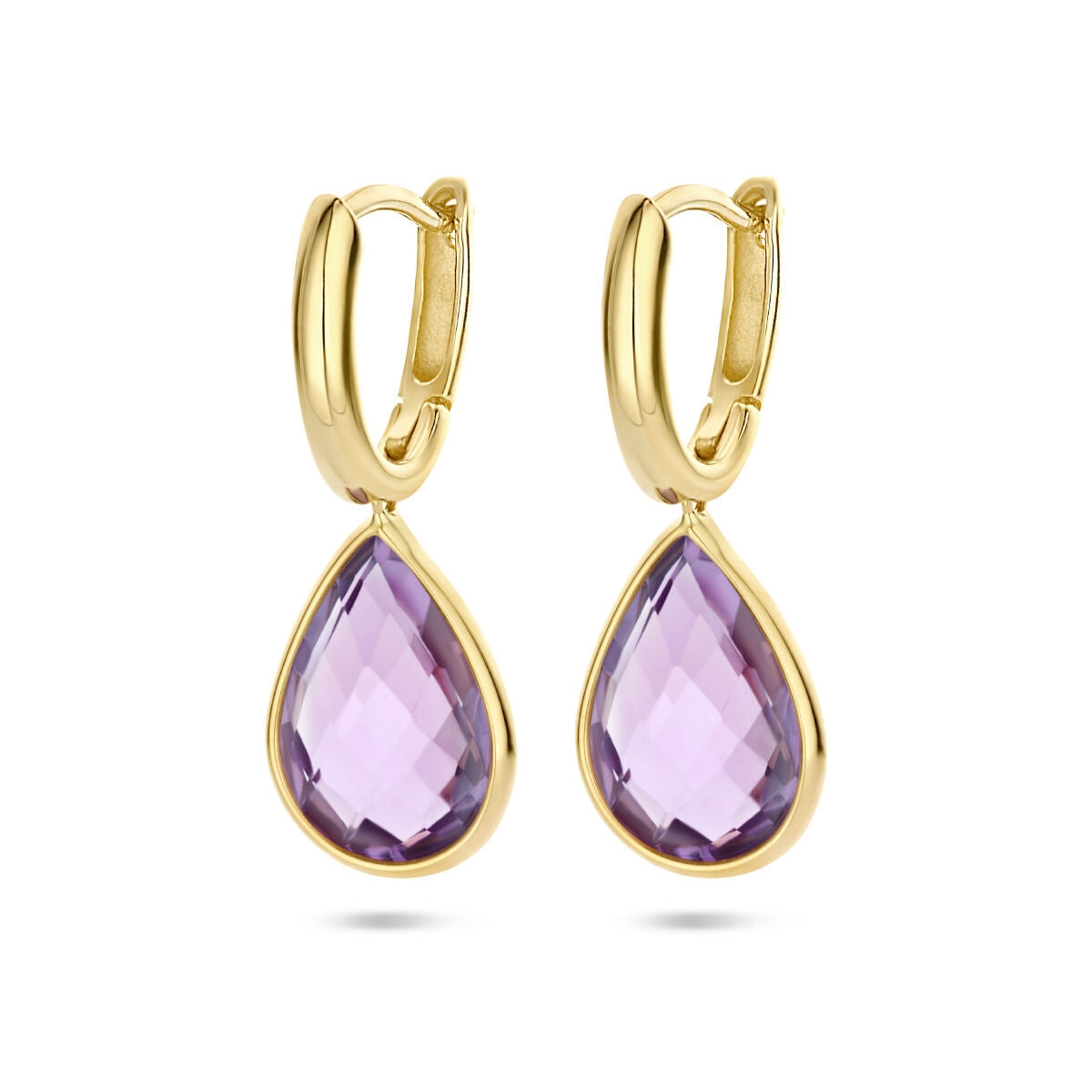 Klapp-Ohrringe aus 14K Gelbgold mit tropfenförmigem Amethyst in lila Farbton