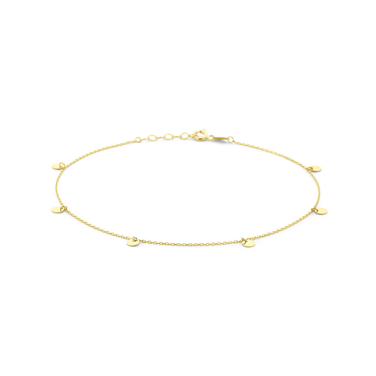 Ein 14K Gelbgold-Armband mit runden Anhängern, 1,0 mm dick, 24 + 2 cm lang.