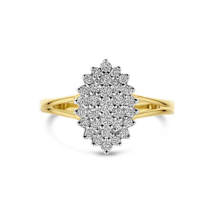 De Van der Kooij Collectie ring lab-grown diamant 0,48ct H SI in 14K geelgoud heeft een marquise cluster van fonkelende diamanten in een prachtig bloemmotief.