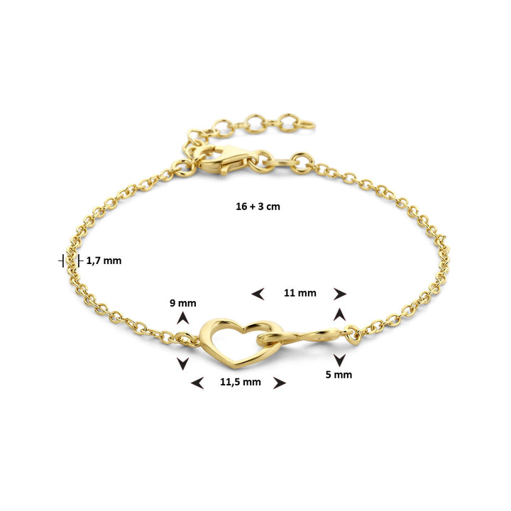 De Van der Kooij Collectie armband hart en infinity 16 + 3 cm, 3 micron zilver verguld (geel) heeft een delicaat hart middenstuk-ideaal als Valentijn cadeau. Hart: 11,5 mm breed, 9/11 mm hoog, staafje: 5 mm, ketting: 1,7 mm dik.