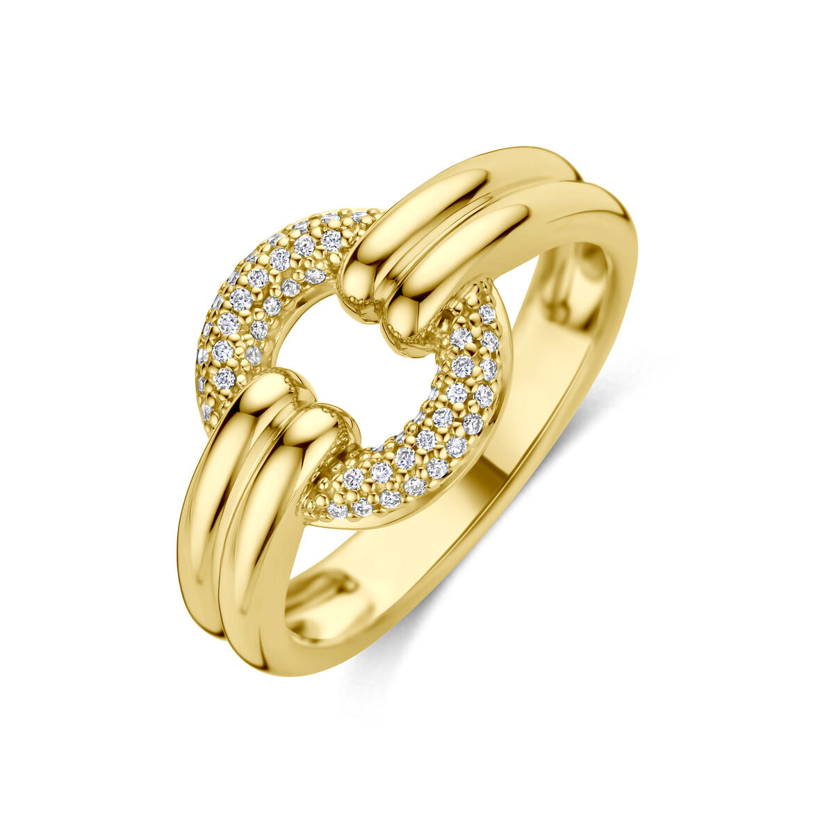 Damenring aus 14k Gelbgold mit Diamanten und rundem, funkelndem Zierteil