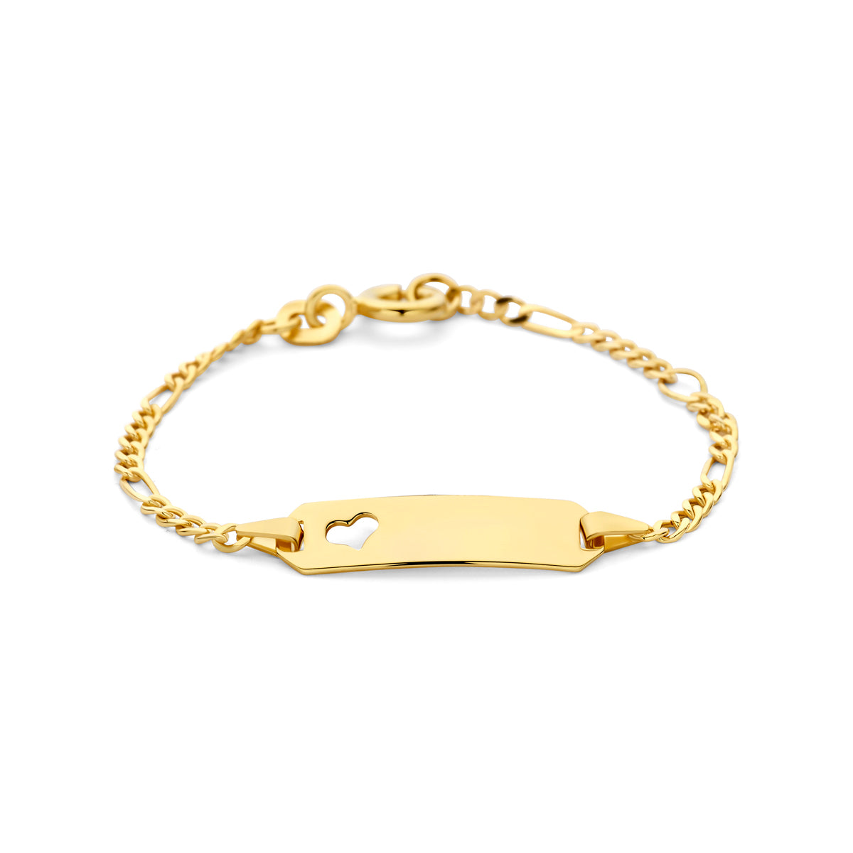 Gravierte Figaro-Armband aus 14K Gelbgold mit Herzplatte und feiner Gliederkette