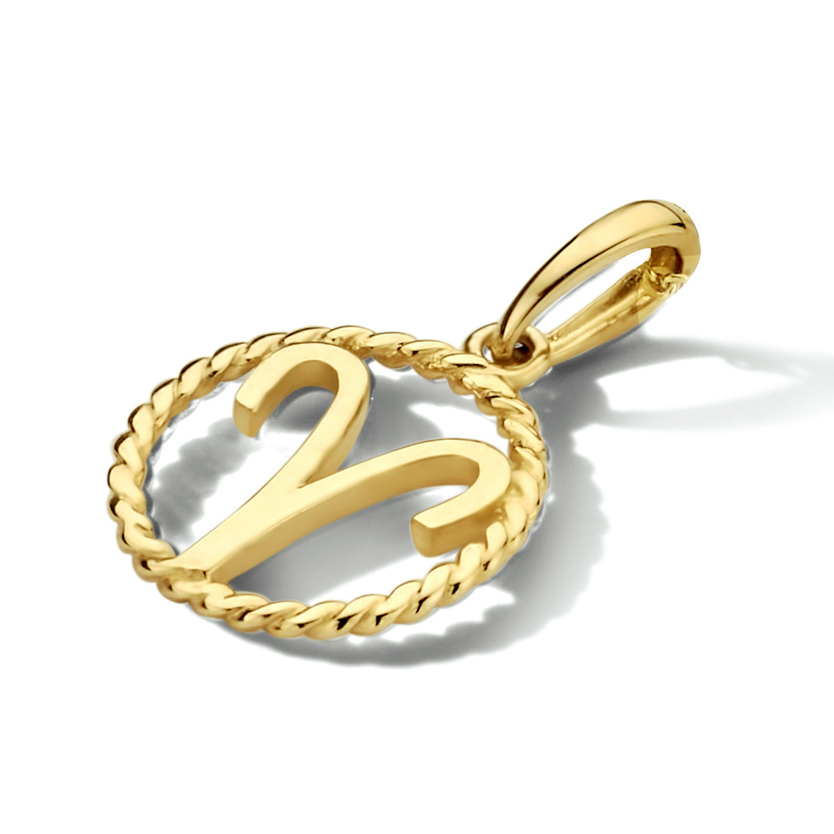 Hänger aus 14K Gelbgold mit einem kreisförmigen, gedrehten Rahmen und dem Sternzeichen-Zeichen