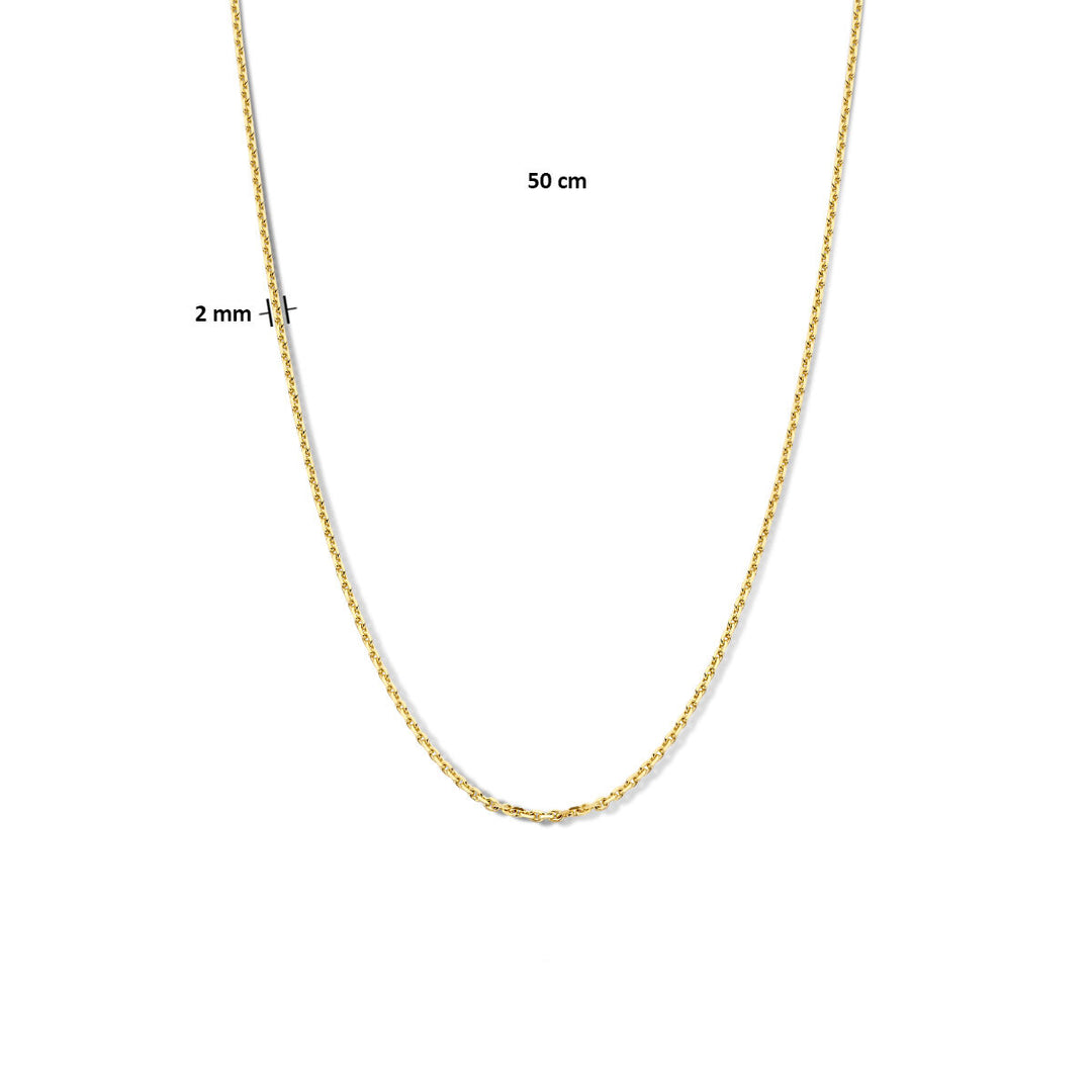 Het Van der Kooij Collectie collier anker gediamanteerd 2,0 mm in 14K geelgoud wordt weergegeven in een U-vorm op een witte achtergrond, aangegeven als 50 cm lang.