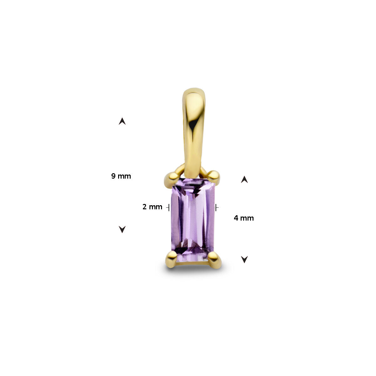 De hanger met geboortesteen 14K geelgoud van Van der Kooij Collectie heeft een rechthoekige lichtpaarse amethist (9x4x2 mm) in vier pootjes.