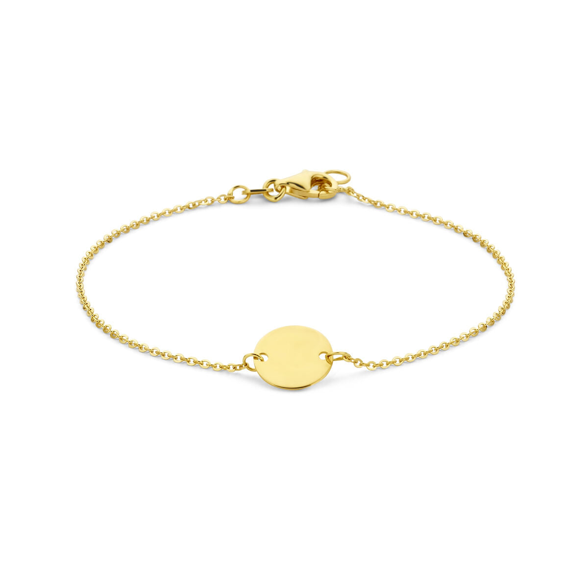 Armband aus 14K Gelbgold mit runder, glatter Medaille und feiner Kette, Länge 17-18,5 cm