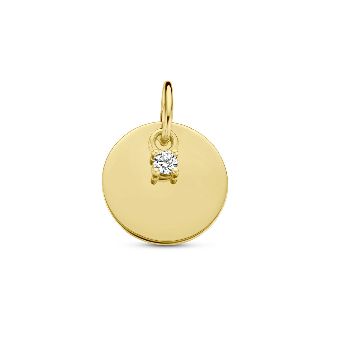 Gravierte runde Anhänger aus 14K Gelbgold mit einem kleinen Diamanten