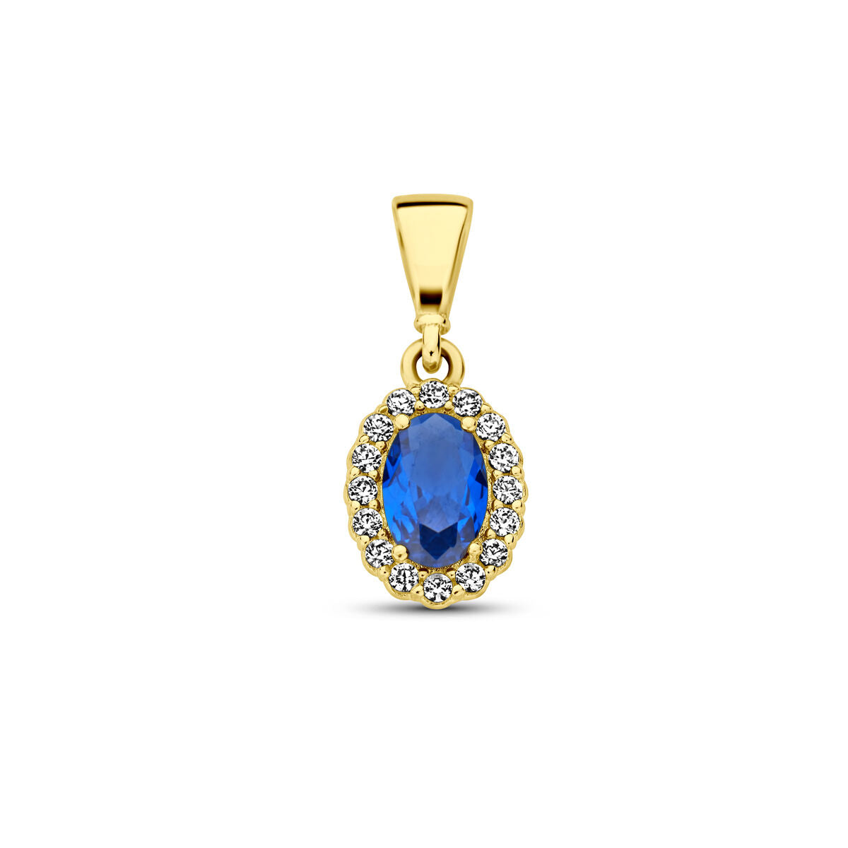 Hänger aus 14K Gelbgold mit ovalem blauen Zirkonia und umgeben von kleinen weißen Steinen