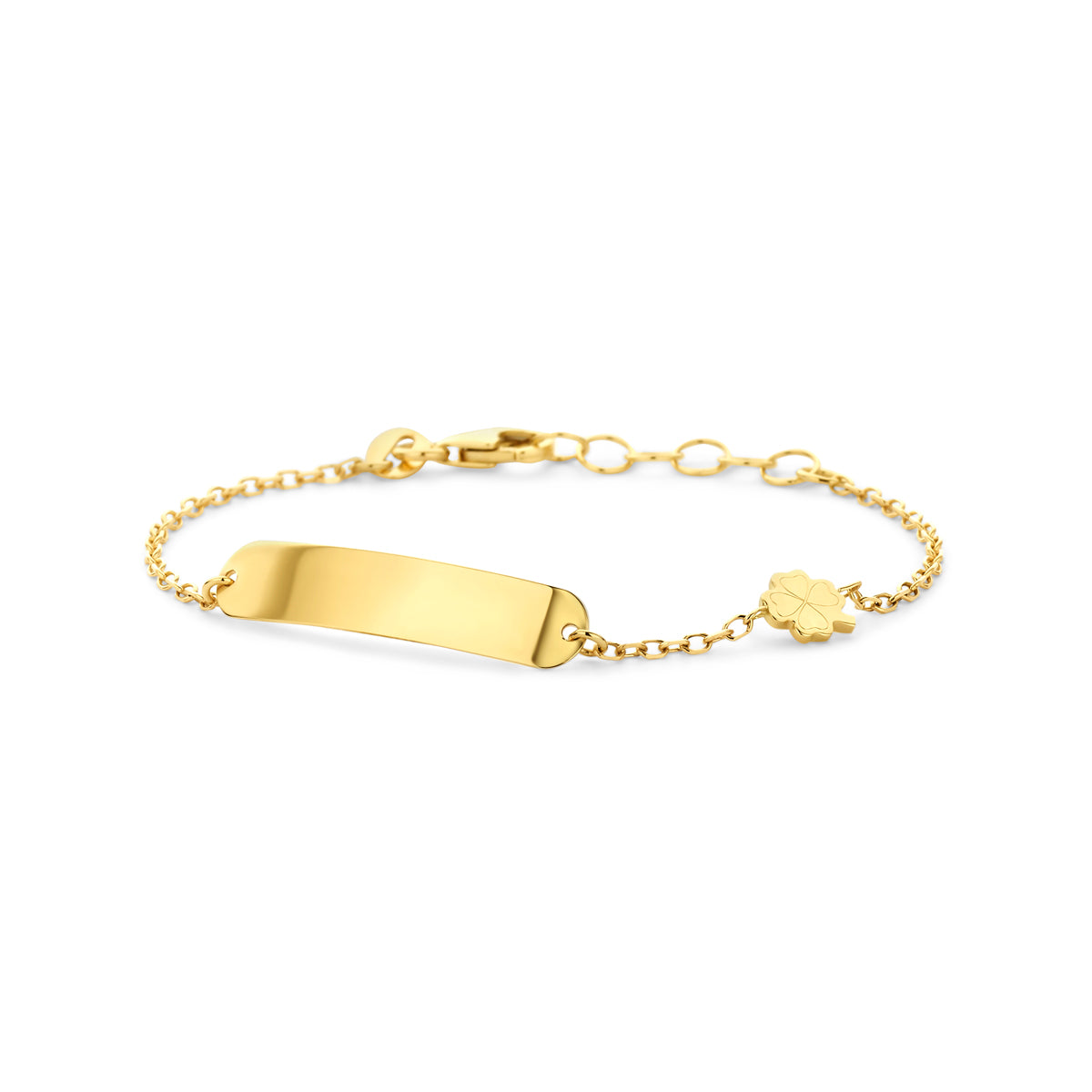 Gravurarmband aus 14K Gelbgold mit flacher Plakette und Kleeblatt-Anhänger