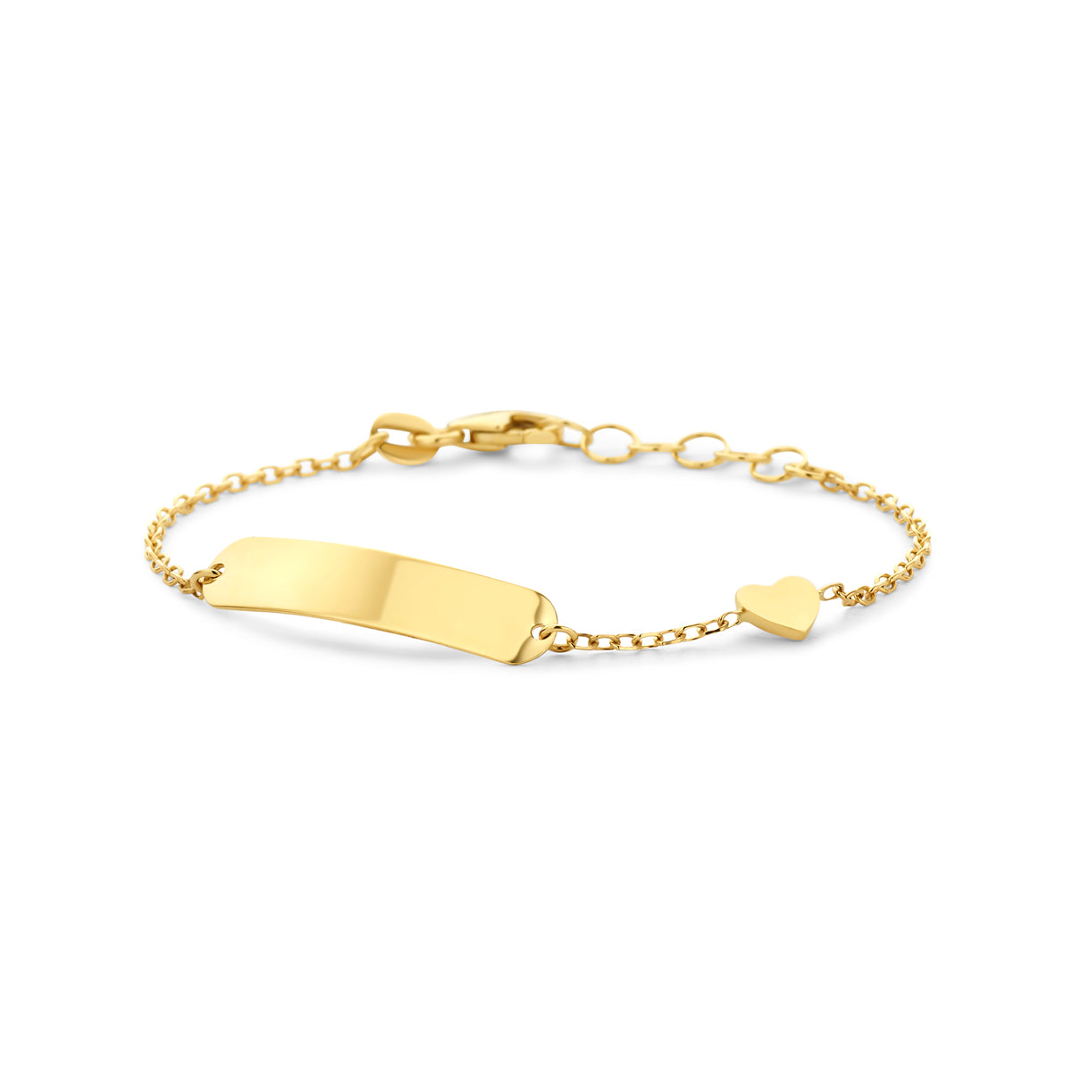 Gravierte Herzarmband aus 14K Gelbgold mit flacher Plakette und kleinen Herzanhänger