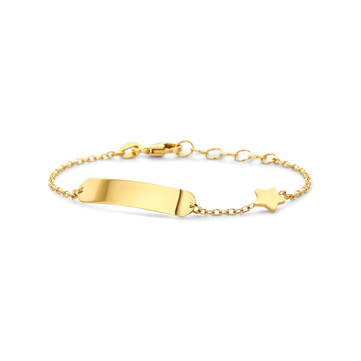 Graveerarmband aus 14K Gelbgold mit flacher Plakette und kleinem Sternanhänger