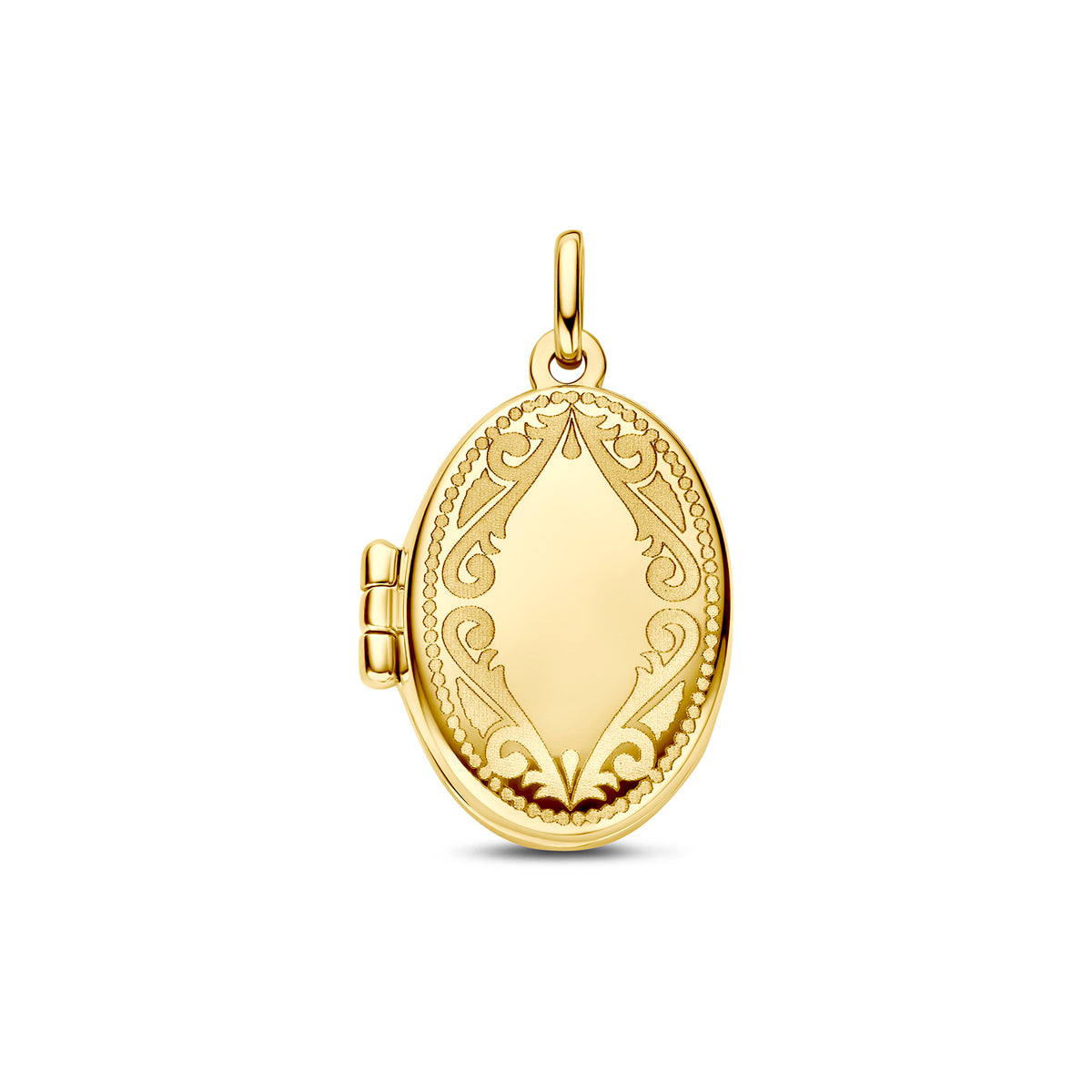 Ovales Medaillon mit Gravur, 17 mm, aus 14K Gelbgold, dekoratives Muster auf der Oberfläche