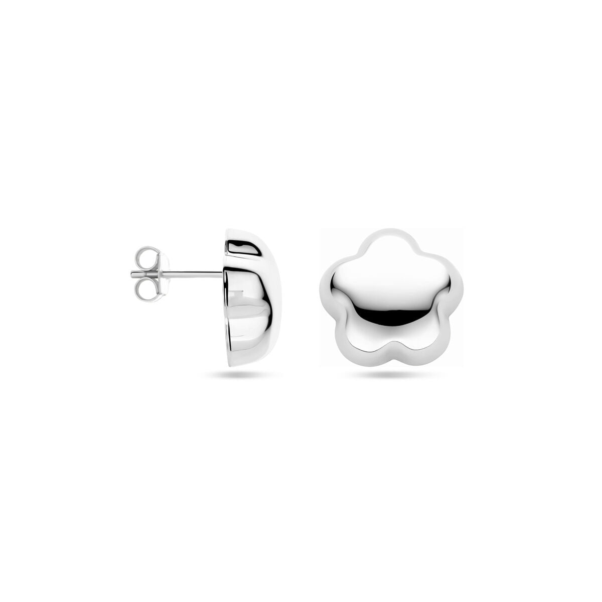 Een paar Van der Kooij Collectie oorknoppen bloem 15 mm zilver gerhodineerd met een eenvoudig bloemmotief, weergegeven vanaf de voor- en zijkant op een effen witte achtergrond.