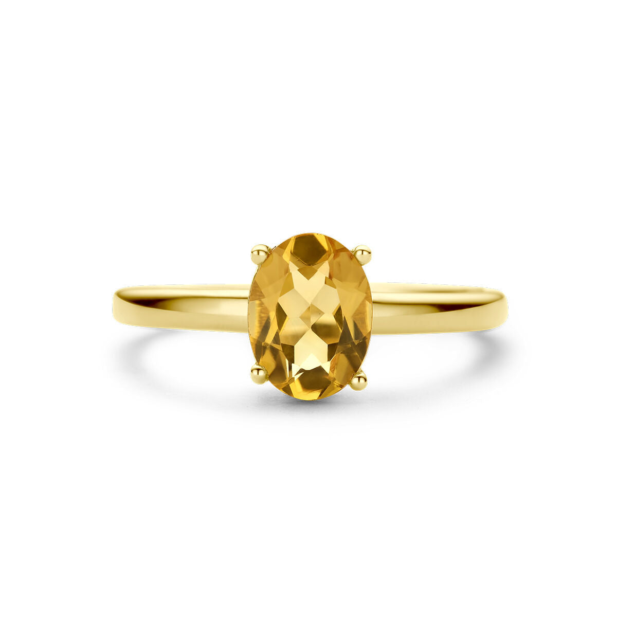 De Van der Kooij Collectie ring citrien 14K geelgoud is een damesring met een dunne geelgouden band en een ovale citrien edelsteen in het midden, afgebeeld op een witte achtergrond.