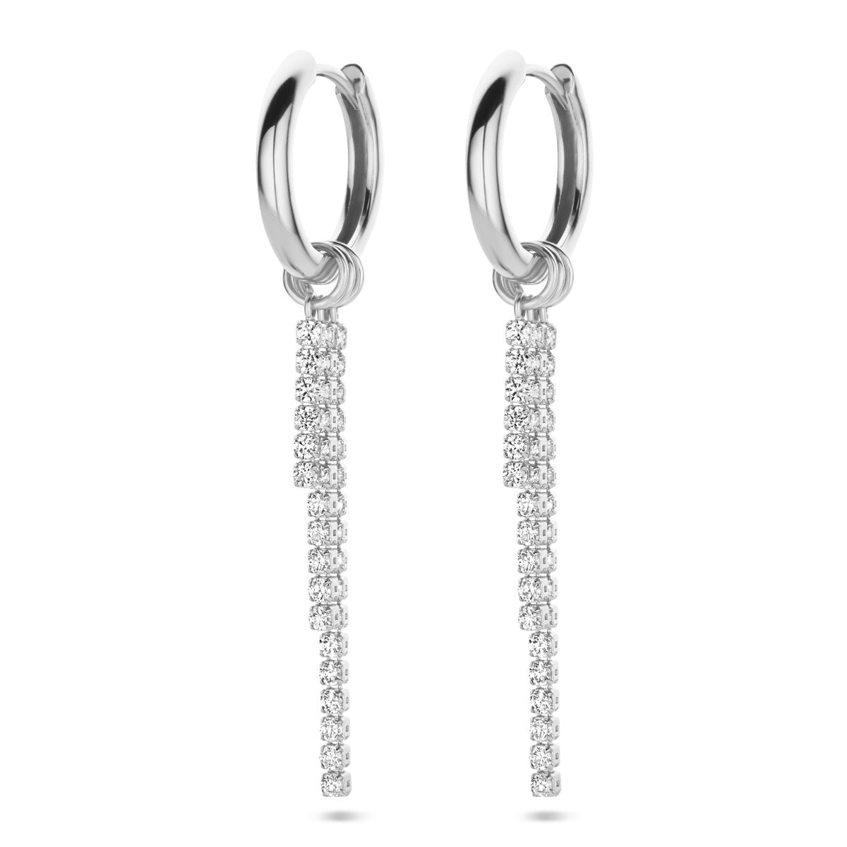 Klapp-Ohrringe aus rhodiniertem Silber mit Zirkonia und hängenden, funkelnden Elementen