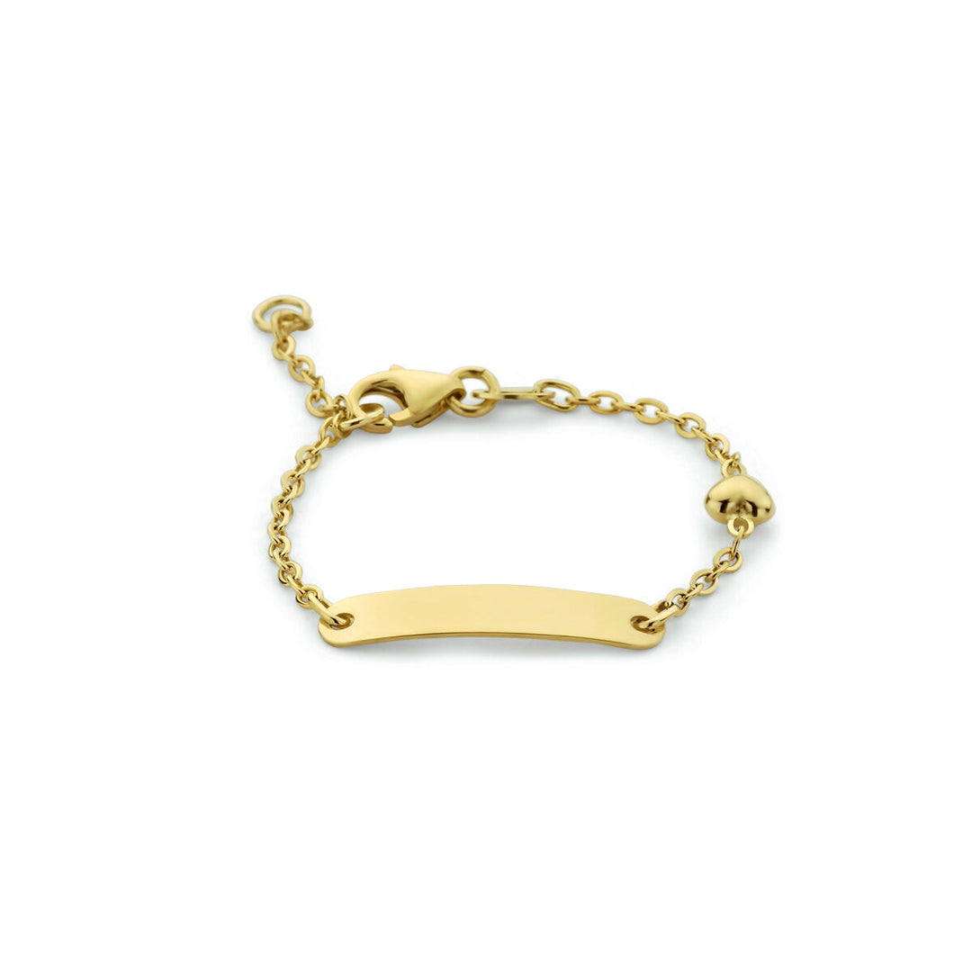 De elegante 9k grafarmband hartje plaat van Van der Kooij Collectie heeft een gouden ketting, langwerpig rechthoekig plaatje, karabijnsluiting, verstelbare schakels, klein hartbedel en een minimalistisch ontwerp, perfect voor een kindergeschenk.