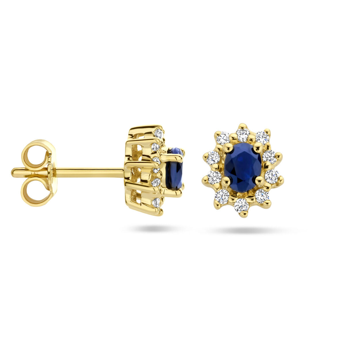 Ohrstecker Saphir und Zirkonia Halo 14K Gelbgold