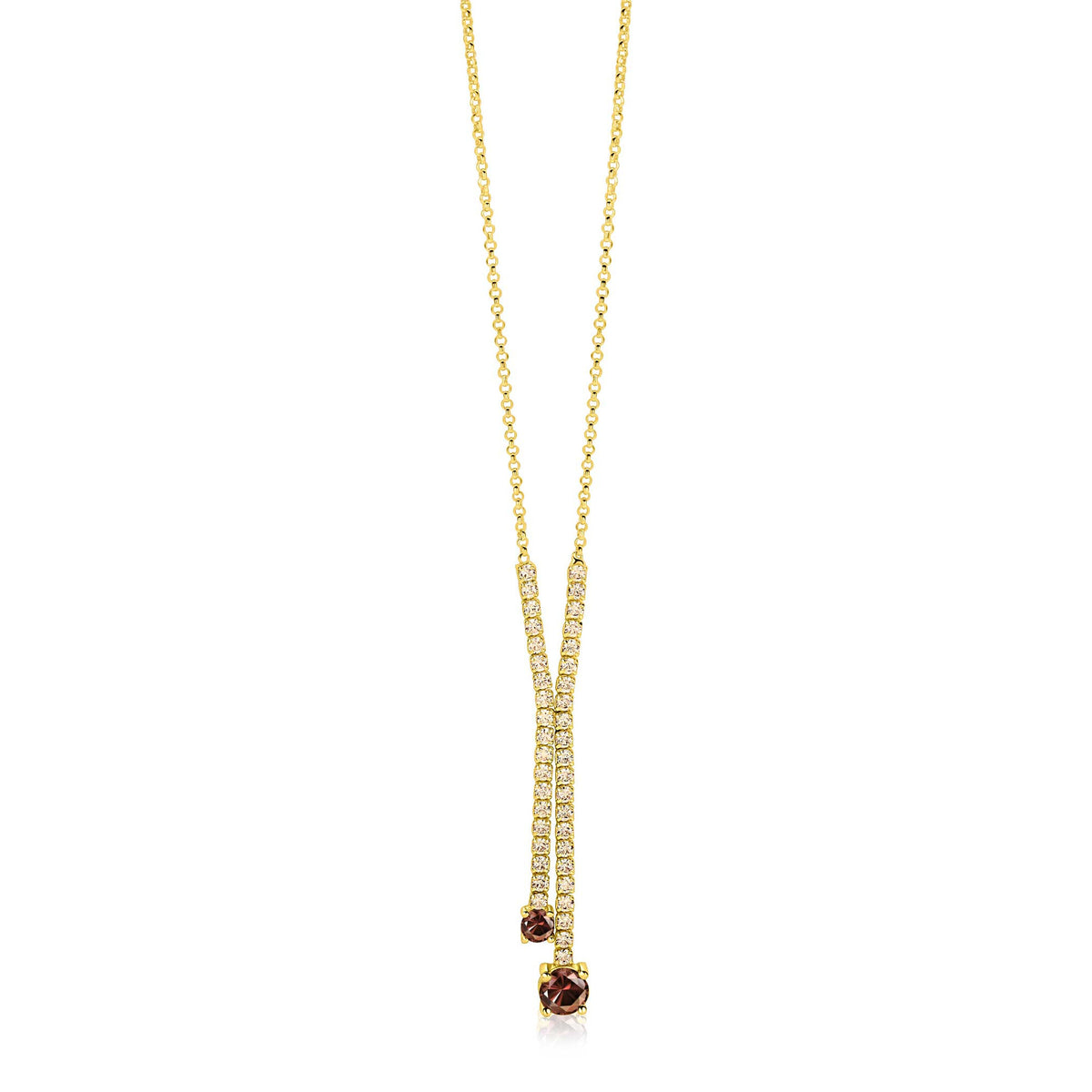 Y-Collier aus vergoldetem Silber mit zwei roten Edelsteinen und funkelnden Details