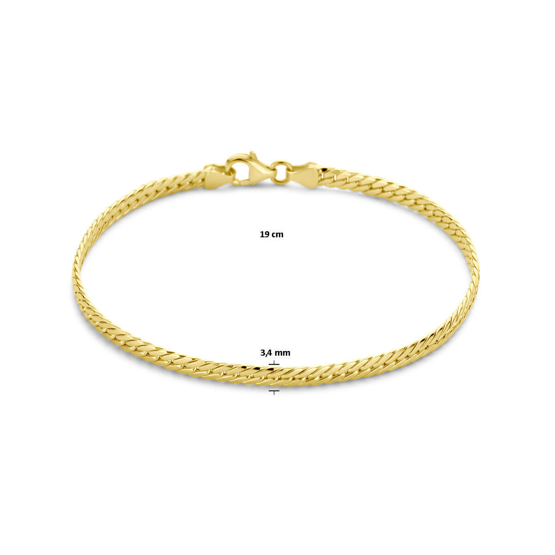 De armband gourmette 3,4 mm 19 cm van Van der Kooij Collectie is een stijlvolle damesarmband van 14K geelgoud met karabijnsluiting, gepresenteerd op een witte achtergrond.