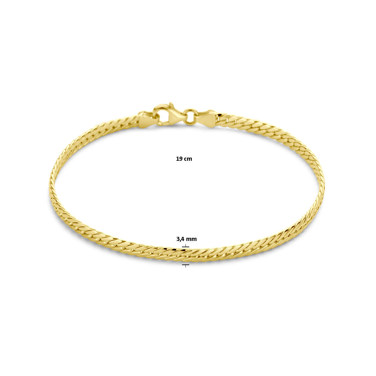 De armband gourmette 3,4 mm 19 cm van Van der Kooij Collectie is een stijlvolle damesarmband van 14K geelgoud met karabijnsluiting, gepresenteerd op een witte achtergrond.