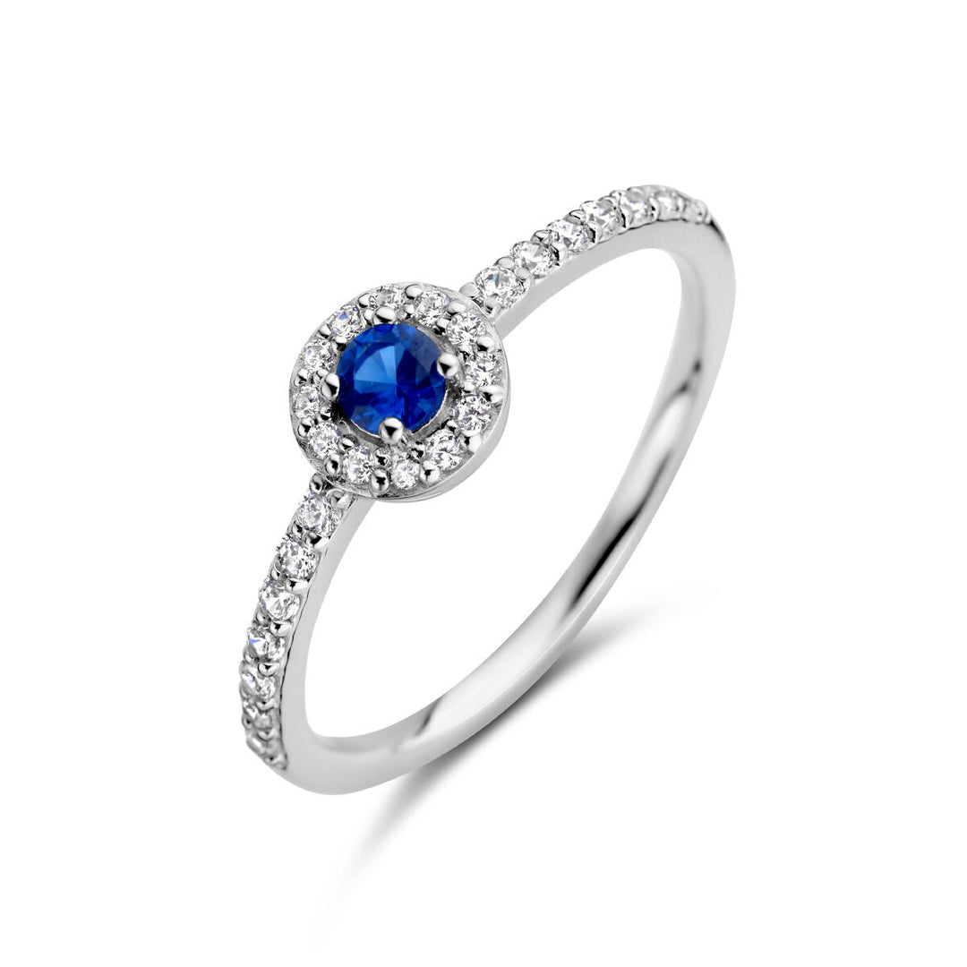 Ring-Synth. Saphir- und Zirkonia-Halo-Silber rhodiniert
